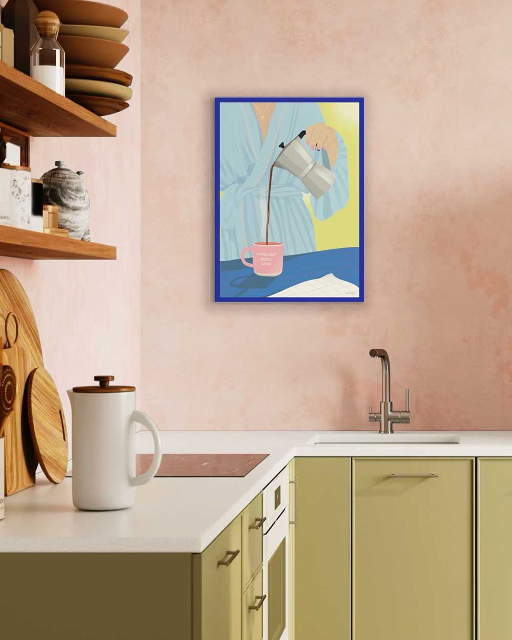 Kaffeplakat fra ViSSEVASSE i kobolt blå ramme