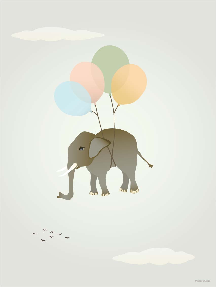 Børneplakat med flyvende elefant og balloner fra ViSSEVASSE