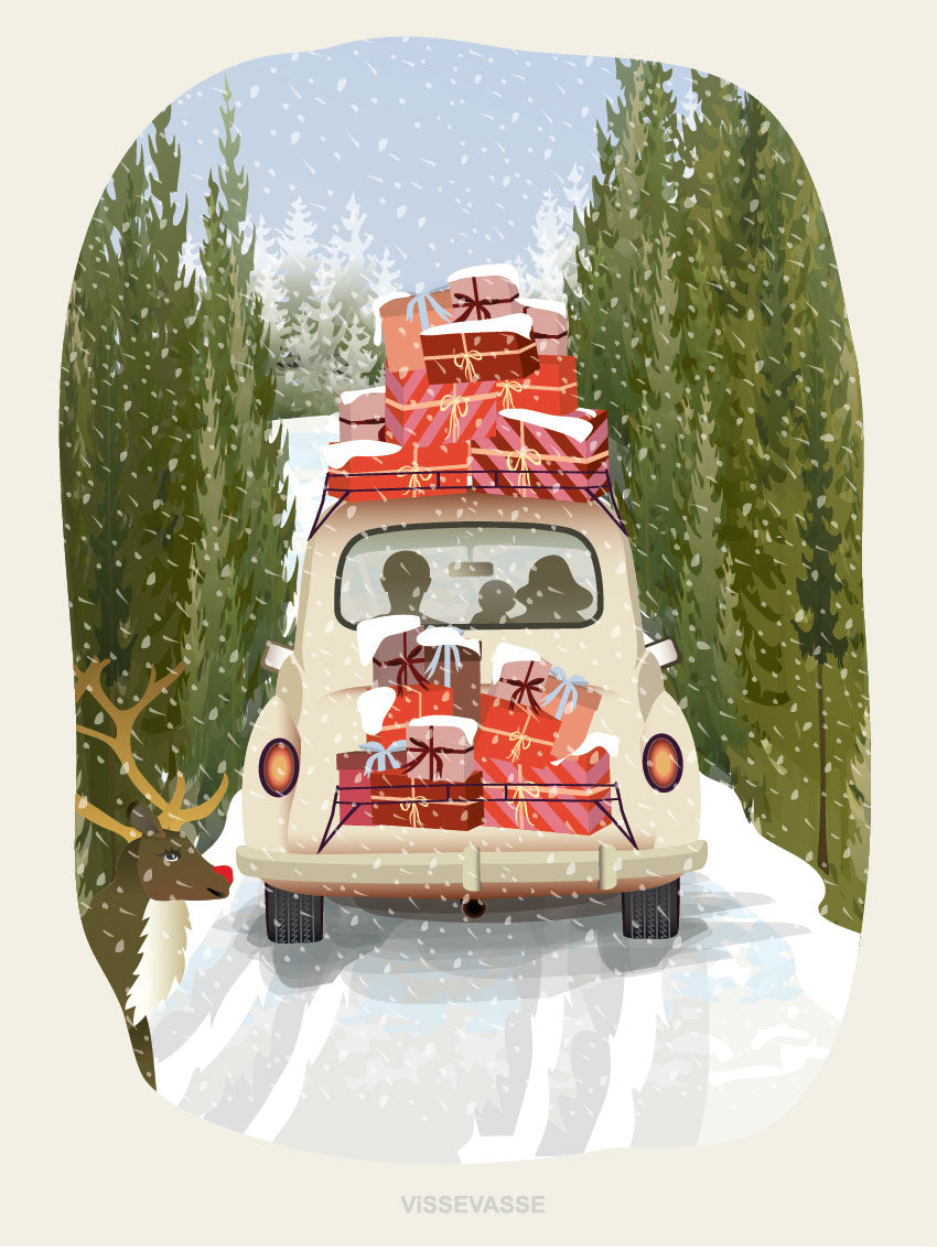 All packed for Christmas - julekort med kuvert fra ViSSEVASSE. På kortet er en bil hel fuld af gaver