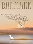 En af ViSSEVASSEs plakater af en sø med en svane og en sky af fugle.